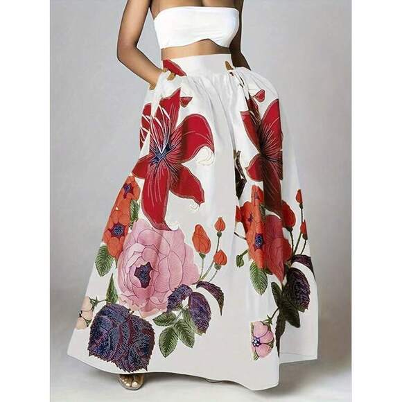 Dresses & Skirts - Spring And Summer New Artistic Floral Print Skirt, Light Purple Satin High-Waist